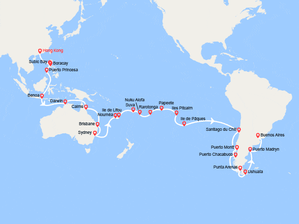 itinéraire croisière Asie : Tronçon du Tour du Monde : De Hong Kong à Buenos Aires