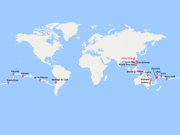 itinéraire croisière Asie : Tronçon du Tour du Monde : De Hong Kong à Santiago du Chili