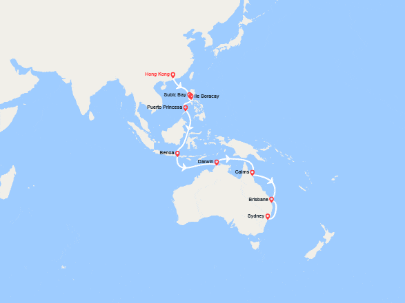 itinéraire croisière Asie : Tronçon du Tour du Monde : De Hong Kong à Sydney