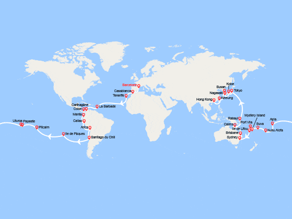 itinéraire croisière Tour du Monde : Tronçon du Tour du Monde 2026 : de Barcelone à Hong Kong