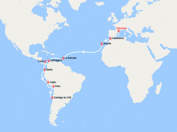 itinéraire croisière Tour du Monde : Tronçon du Tour du Monde 2026 : de Barcelone à Santiago du Chili