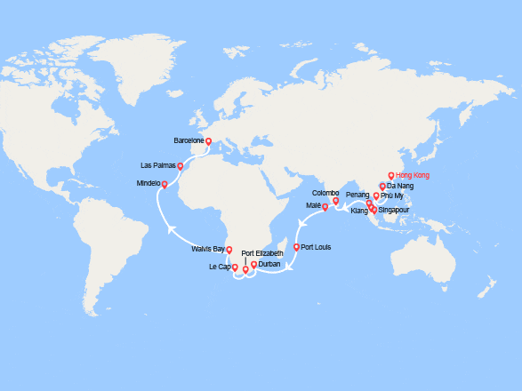 itinéraire croisière Tour du Monde : Tronçon du Tour du Monde 2026 : de Hong Kong à Barcelone