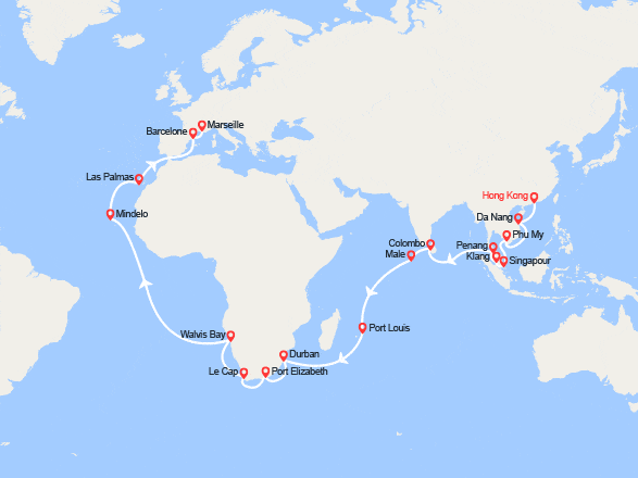 itinéraire croisière Tour du Monde : Tronçon du Tour du Monde 2026 : de Hong Kong à Marseille