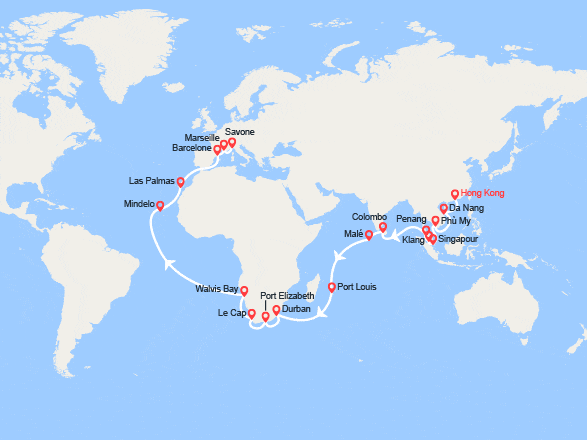 itinéraire croisière Tour du Monde : Tronçon du Tour du Monde 2026 : de Hong Kong à Savone