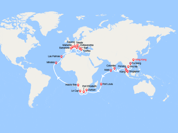 itinéraire croisière Tour du Monde : Tronçon du Tour du Monde 2026 : de Hong Kong à Trieste