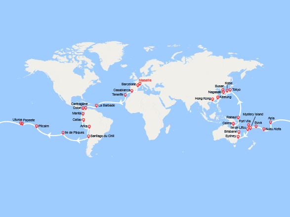 itinéraire croisière Tour du Monde : Tronçon du Tour du Monde 2026 : de Marseille à Hong Kong