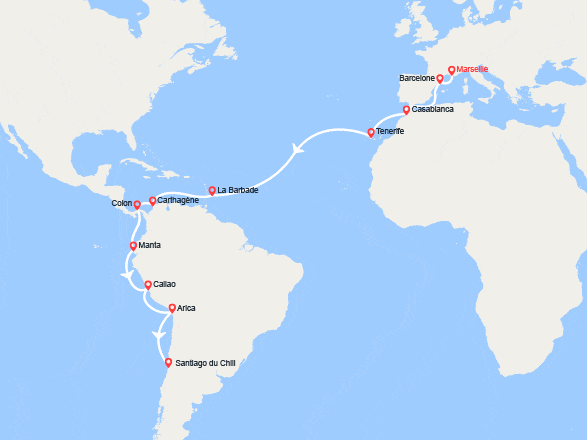 itinéraire croisière Tour du Monde : Tronçon du Tour du Monde 2026 : de Marseille à Santiago du Chili