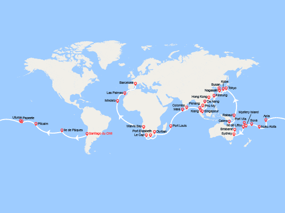 itinéraire croisière Tour du Monde : Tronçon du Tour du Monde 2026 : de Santiago du Chili à Barcelone