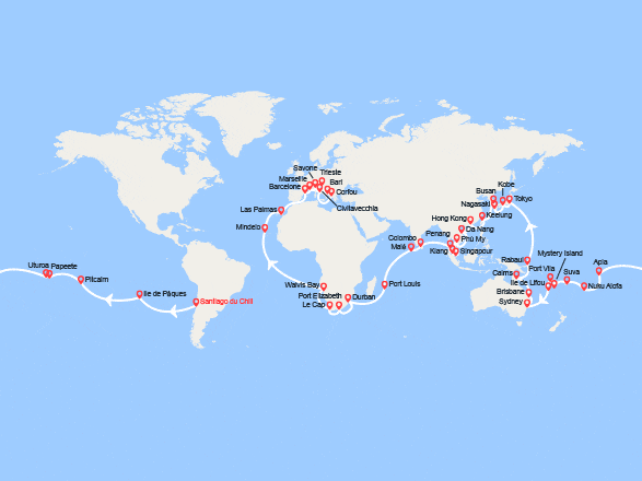 itinéraire croisière Tour du Monde : Tronçon du Tour du Monde 2026 : de Santiago du Chili à Trieste