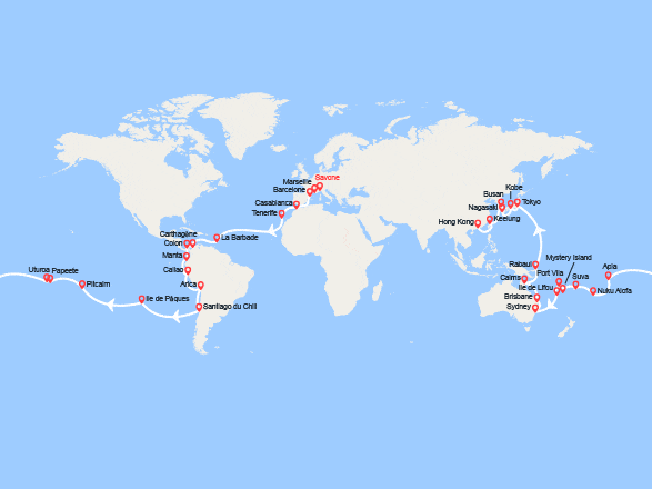 itinéraire croisière Tour du Monde : Tronçon du Tour du Monde 2026 : de Savone à Hong Kong