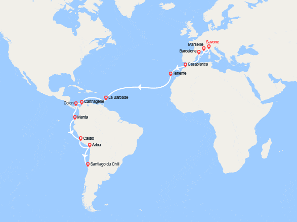 itinéraire croisière Tour du Monde : Tronçon du Tour du Monde 2026 : de Savone à Santiago du Chili