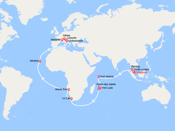 itin&eacute;raire croisi&egrave;re Tour du Monde : Tronçon du Tour du Monde 2026 : De Singapour à Marseille 