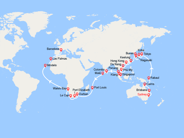 itinéraire croisière Tour du Monde : Tronçon du Tour du Monde 2026 : de Sydney à Barcelone