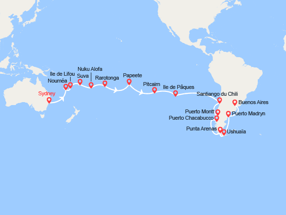 itinéraire croisière Tour du Monde : Tronçon du Tour du Monde 2026 : de Sydney à Buenos Aires