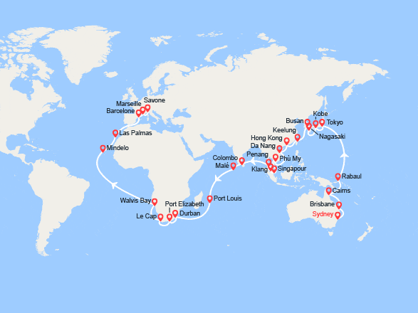 itinéraire croisière Tour du Monde : Tronçon du Tour du Monde 2026 : de Sydney à Savone