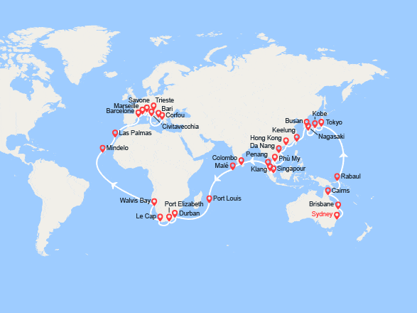 itinéraire croisière Tour du Monde : Tronçon du Tour du Monde 2026 : de Sydney à Trieste