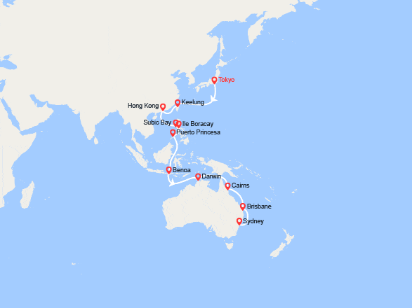 itinéraire croisière Asie : Tronçon du Tour du Monde 2026 : de Tokyo à Sydney