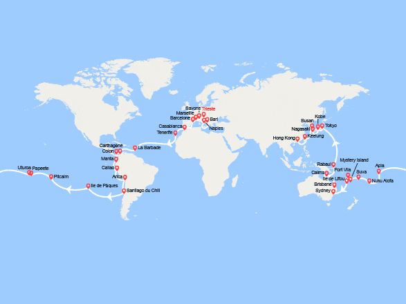 itinéraire croisière Tour du Monde : Tronçon du Tour du Monde 2026 : de Trieste à Hong Kong 