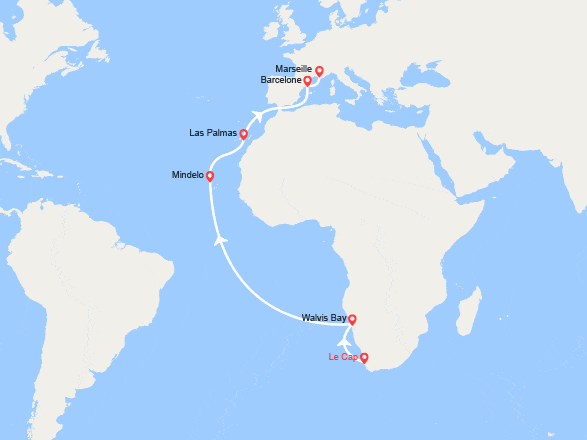 itin&eacute;raire croisi&egrave;re Transatlantique : Tronçon du Tour du Monde 2026 : du Cap à Marseille 