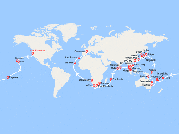 itinéraire croisière Tour du Monde : Tronçon du Tour du Monde 2027 : de San Francisco à Barcelone