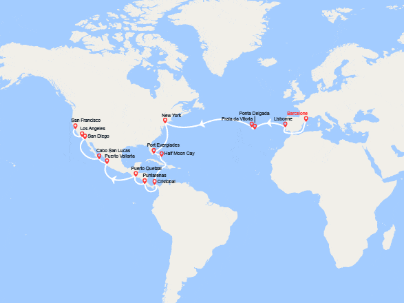 itin&eacute;raire croisi&egrave;re Tour du Monde : Tronçon du Tour du monde 2027 : de Barcelone à San Francisco 
