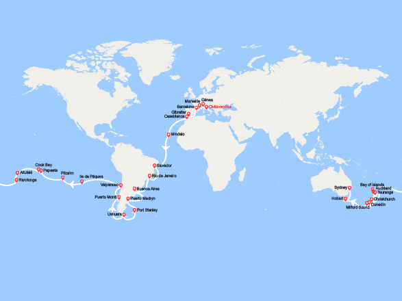 itinéraire croisière Tour du Monde : Tronçon du Tour du Monde 2027 : de Civitavecchia à Sydney