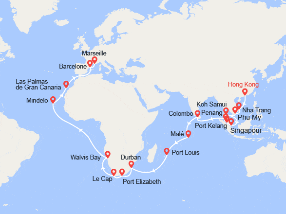itin&eacute;raire croisi&egrave;re Tour du Monde : Tronçon du Tour du Monde 2027 : de Hong Kong à Marseille 