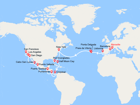 itin&eacute;raire croisi&egrave;re Tour du Monde : Tronçon du Tour du monde 2027 : de Marseille à San Francisco 