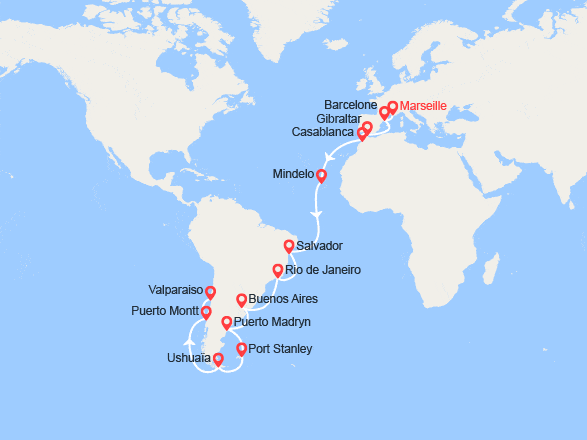 itin&eacute;raire croisi&egrave;re Tour du Monde : Tronçon du Tour du Monde 2027 : de Marseille à Valparaiso 