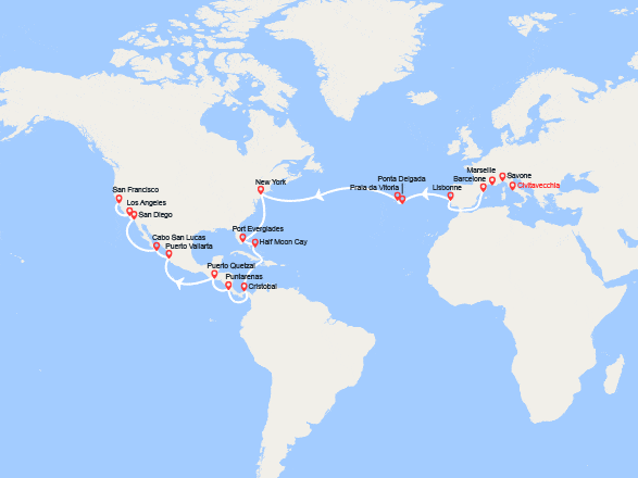 itin&eacute;raire croisi&egrave;re Tour du Monde : Tronçon du Tour du monde 2027 : de Rome à San Francisco 