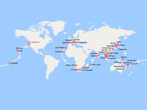 itin&eacute;raire croisi&egrave;re Tour du Monde : Tronçon du Tour du Monde 2027 : de San Francisco à Civitavecchia 