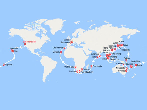 itinéraire croisière Tour du Monde : Tronçon du Tour du Monde 2027 : de San Francisco à Marseille 