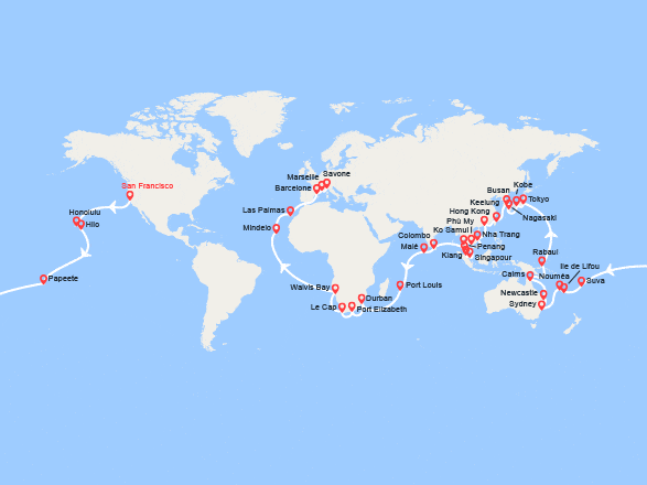 itin&eacute;raire croisi&egrave;re Tour du Monde : Tronçon du Tour du Monde 2027 : de San Francisco à Savone 