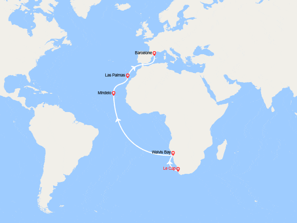 itin&eacute;raire croisi&egrave;re Transatlantique : Tronçon du Tour du Monde 2027 : du Cap à Barcelone 