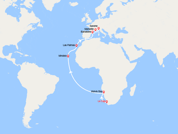 itin&eacute;raire croisi&egrave;re Tour du Monde : Tronçon du Tour du Monde 2027 : du Cap à Savone 