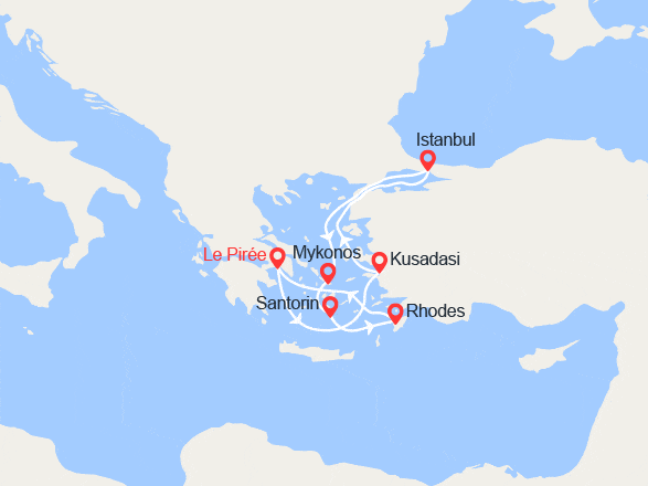 itinéraire croisière Méditerranée Orientale : Turquie & Iles Grecques : Santorin, Istanbul, Mykonos, Rhodes...