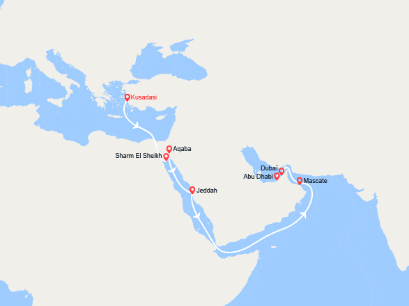 itinéraire croisière Moyen Orient : Turquie, Égypte, Jordanie, Arabie saoudite, Oman, Émirats arabes unis