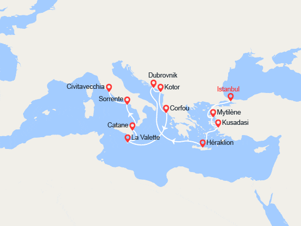 itin&eacute;raire croisi&egrave;re Méditerranée Orientale : Turquie, Grèce, Crète, Croatie, Monténégro, Malte, Italie 