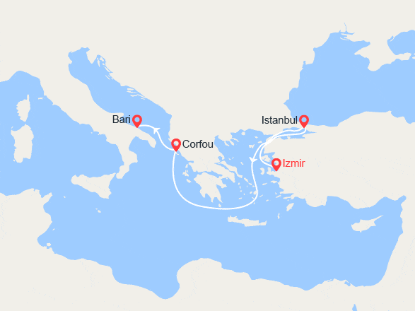 itin&eacute;raire croisi&egrave;re Méditerranée Orientale : Turquie, Grèce, Italie : De Izmir à Bari 