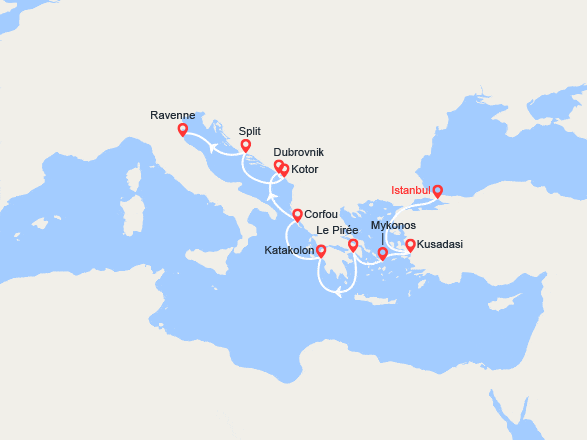 itin&eacute;raire croisi&egrave;re Méditerranée Orientale : Turquie, Îles grecques, Croatie, Monténégro, Italie 