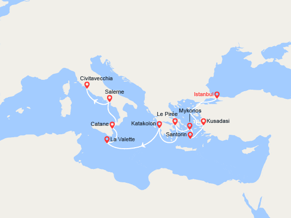 itin&eacute;raire croisi&egrave;re Méditerranée Orientale : Turquie, Îles Grecques, Malte, Italie 