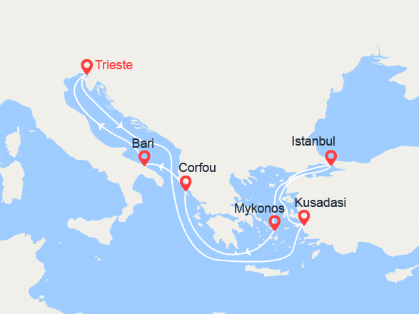 itinéraire croisière Iles grecques : Turquie, Mykonos, Corfou, Italie