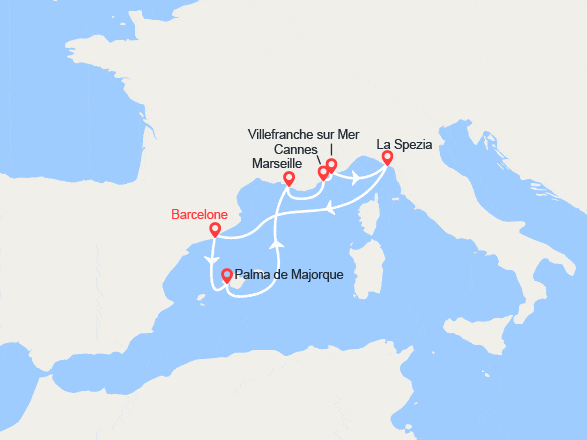 itinéraire croisière Méditerranée Occidentale : Valence, Palma de Majorque, Marseille, Villefranche, Cannes