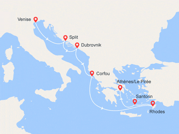 itinéraire croisière Iles grecques : Venise/Athènes : Croatie, Corfou, Rhodes, Santorin... VOL OFFERT