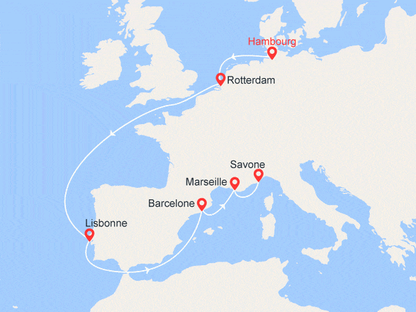 itinéraire croisière Europe du Nord : Vernissage : Allemagne, Pays-Bas, Portugal, Espagne, France, Italie