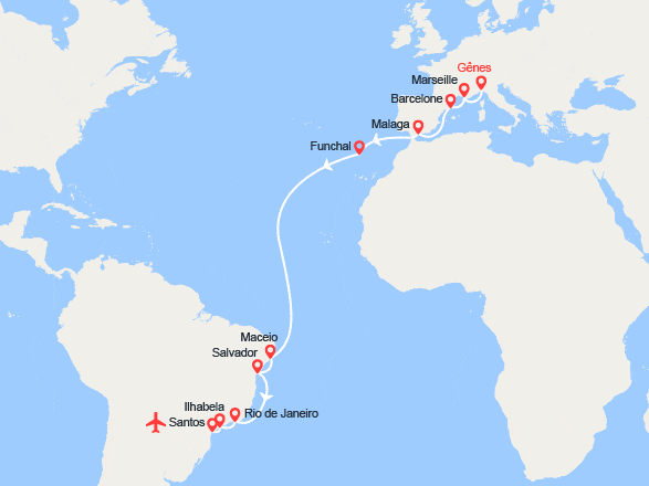 itinéraire croisière Transatlantique : Vers l'Amérique du Sud: de Gênes à Santos I Vol retour inclus