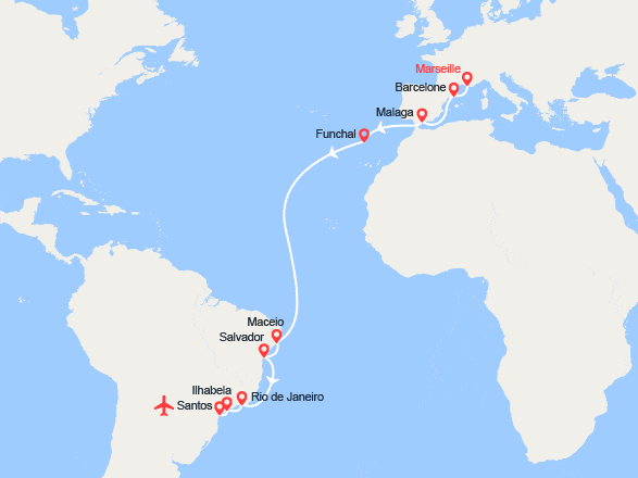 itinéraire croisière Transatlantique : Vers l'Amérique du Sud: de Marseille à Santos I Vol retour inclus