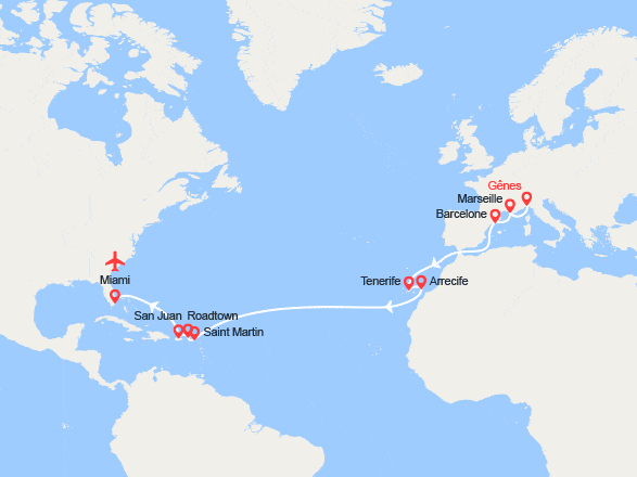 itinéraire croisière Transatlantique : Vers les Caraïbes: de Gênes à Miami I Vol retour inclus