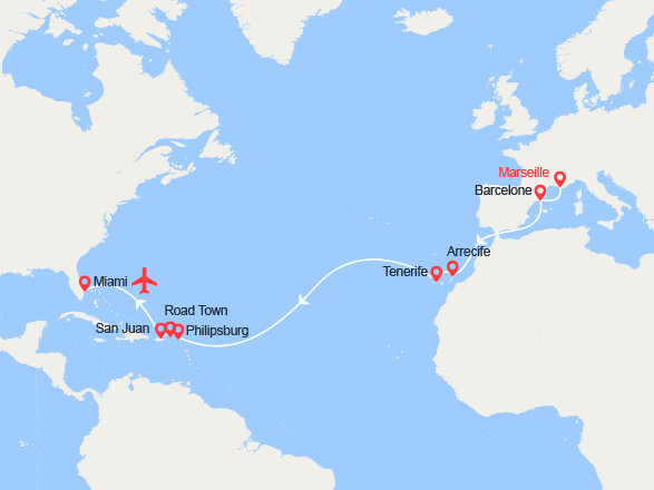 itinéraire croisière Transatlantique : Vers les Caraïbes: de Marseille à Miami I Vol retour inclus