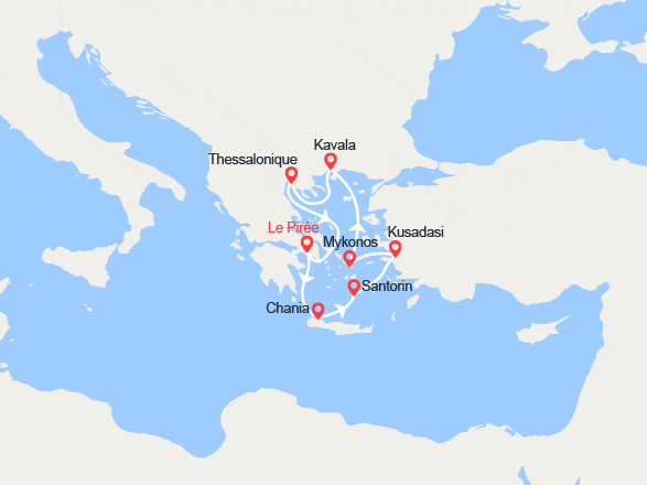 itinéraire croisière Méditerranée Orientale : Volos, Thessalonique, Kavala, Ephèse, Mykonos, Santorin